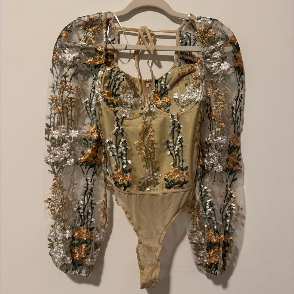 Lulu's Floral Embroidered Sheer Bodysuit - Gold and Green